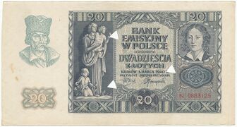 Awers skasowanego 20 złotych 1940
