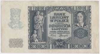 Awers 20 złotych 1940 bez serii i numeru
